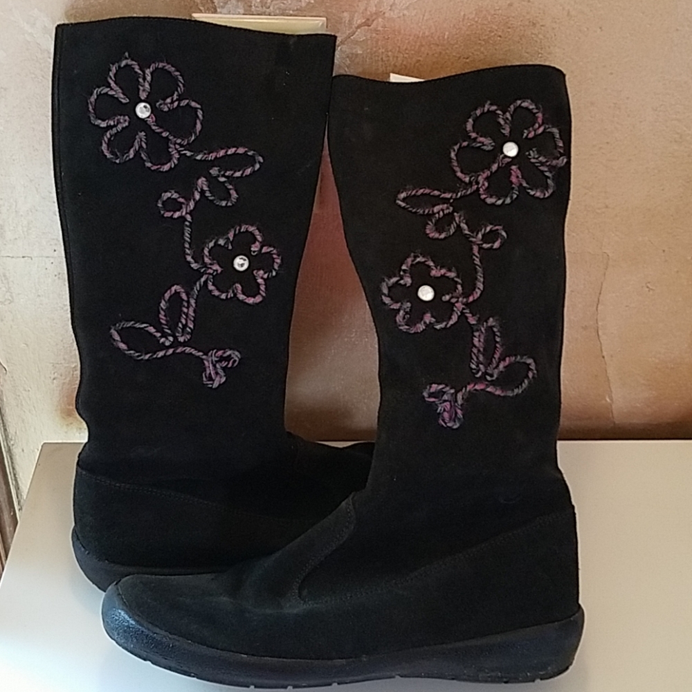 Girls Naturino Black Suede Embroidered Boots Sz 35